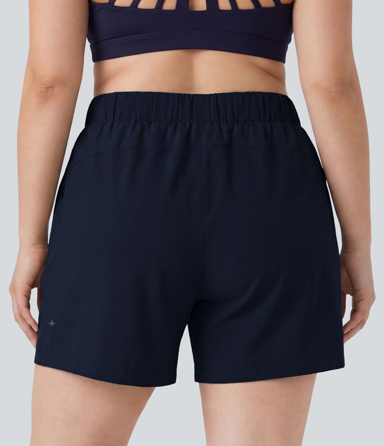 Plus Size High Waisted Elastic Waistband Drawstring Pleated Yoga Shorts 5" with Pockets Plus Size High Waisted Elastic Waistband Drawstring Pleated Yoga Shorts 5" with Pockets