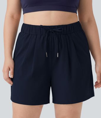 Plus Size High Waisted Elastic Waistband Drawstring Pleated Yoga Shorts 5" with Pockets Plus Size High Waisted Elastic Waistband Drawstring Pleated Yoga Shorts 5" with Pockets