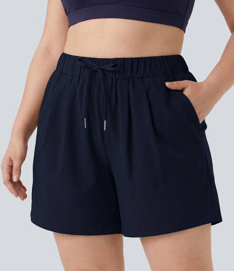 Plus Size High Waisted Elastic Waistband Drawstring Pleated Yoga Shorts 5" with Pockets Plus Size High Waisted Elastic Waistband Drawstring Pleated Yoga Shorts 5" with Pockets