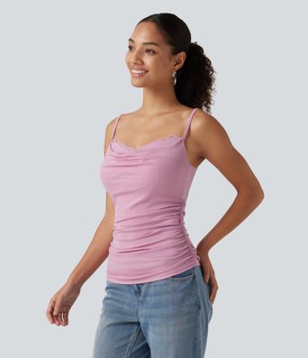 Ribbed Cowl Neck Contrast Lace Ruched Built-in Bra Casual Tank Top Ribbed Cowl Neck Contrast Lace Ruched Built-in Bra Casual Tank Top