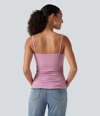 Ribbed Cowl Neck Contrast Lace Ruched Built-in Bra Casual Tank Top Ribbed Cowl Neck Contrast Lace Ruched Built-in Bra Casual Tank Top