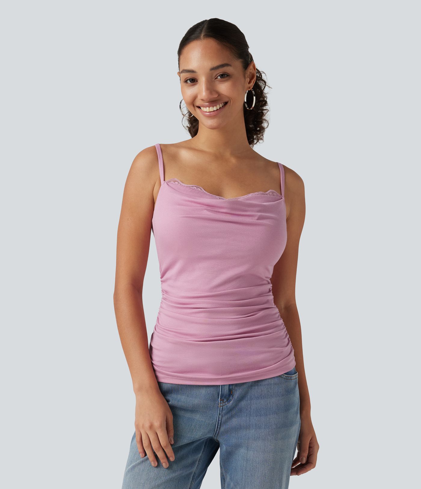 Ribbed Cowl Neck Contrast Lace Ruched Built-in Bra Casual Tank Top Ribbed Cowl Neck Contrast Lace Ruched Built-in Bra Casual Tank Top
