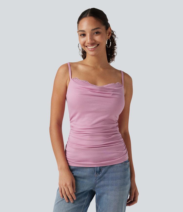 Ribbed Cowl Neck Contrast Lace Ruched Built-in Bra Casual Tank Top Ribbed Cowl Neck Contrast Lace Ruched Built-in Bra Casual Tank Top