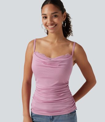 Ribbed Cowl Neck Contrast Lace Ruched Built-in Bra Casual Tank Top Ribbed Cowl Neck Contrast Lace Ruched Built-in Bra Casual Tank Top