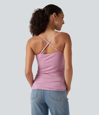 Ribbed Cowl Neck Contrast Lace Ruched Built-in Bra Casual Tank Top Ribbed Cowl Neck Contrast Lace Ruched Built-in Bra Casual Tank Top