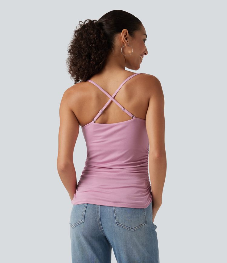 Ribbed Cowl Neck Contrast Lace Ruched Built-in Bra Casual Tank Top Ribbed Cowl Neck Contrast Lace Ruched Built-in Bra Casual Tank Top
