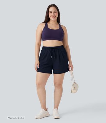 Plus Size High Waisted Elastic Waistband Drawstring Pleated Yoga Shorts 5" with Pockets Plus Size High Waisted Elastic Waistband Drawstring Pleated Yoga Shorts 5" with Pockets