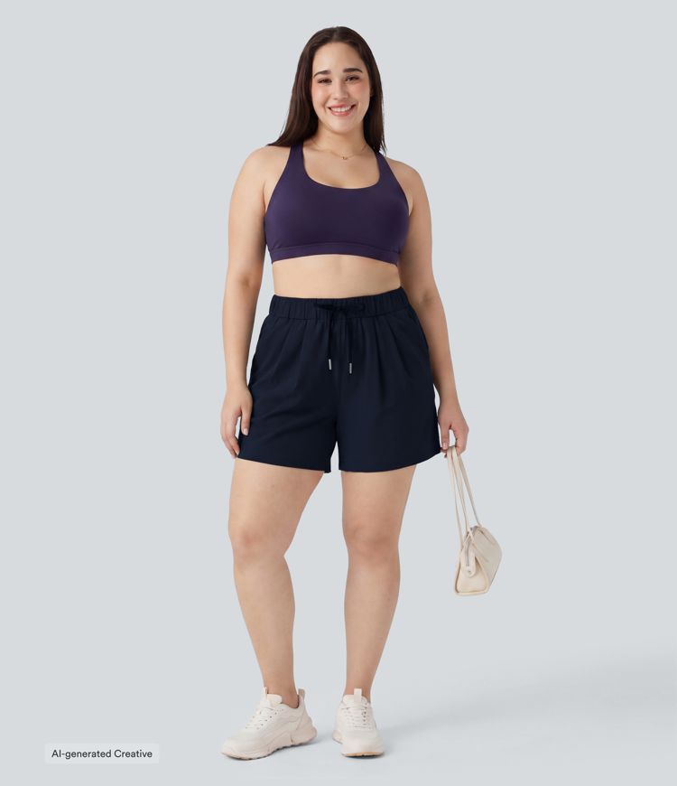 Plus Size High Waisted Elastic Waistband Drawstring Pleated Yoga Shorts 5" with Pockets Plus Size High Waisted Elastic Waistband Drawstring Pleated Yoga Shorts 5" with Pockets