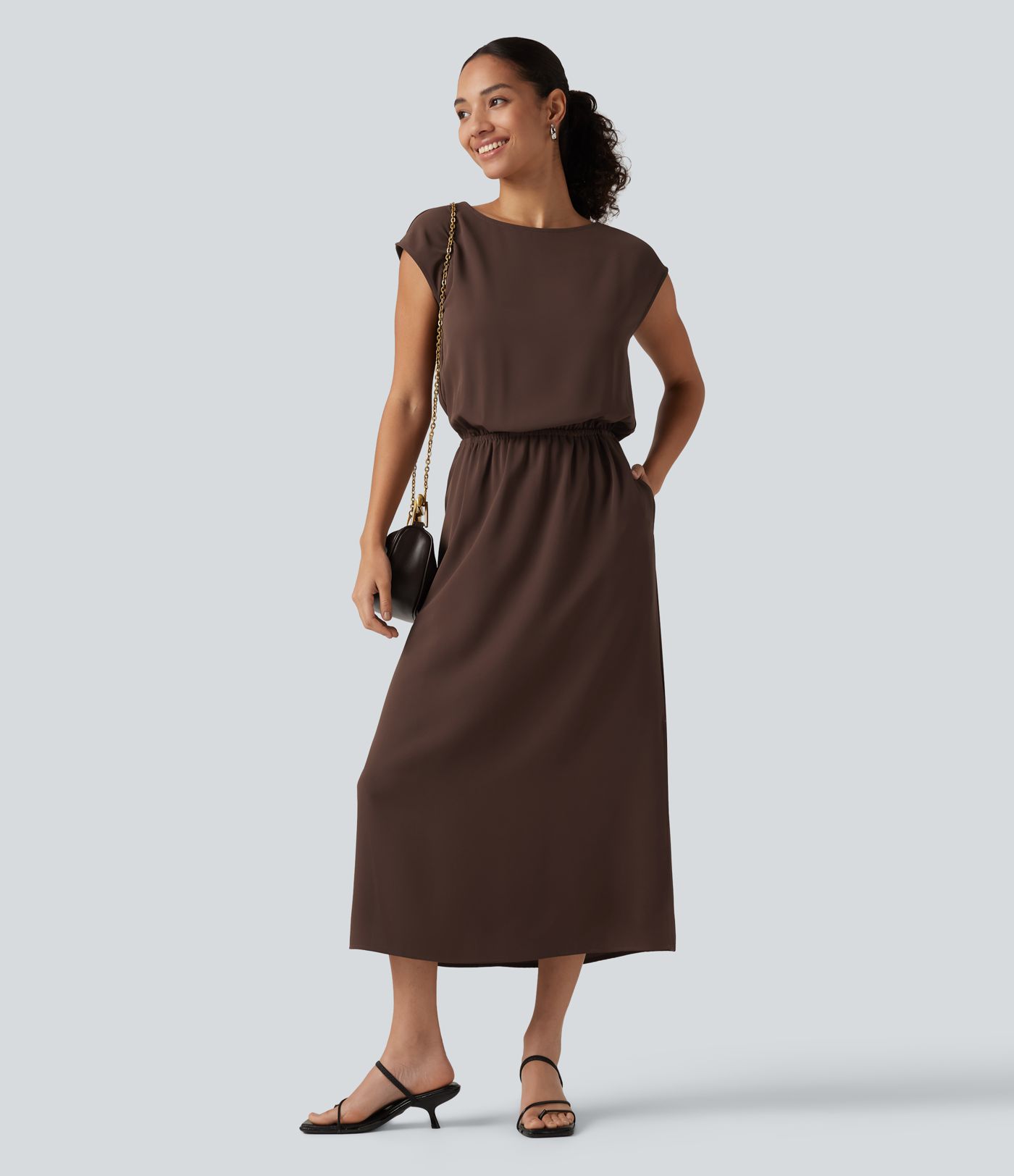 Boat Neck Cap Sleeve Midi Work Dress with Pockets