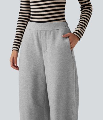 Mid Rise Barrel Leg Fleece Casual Cotton Sweatpants with Pockets
