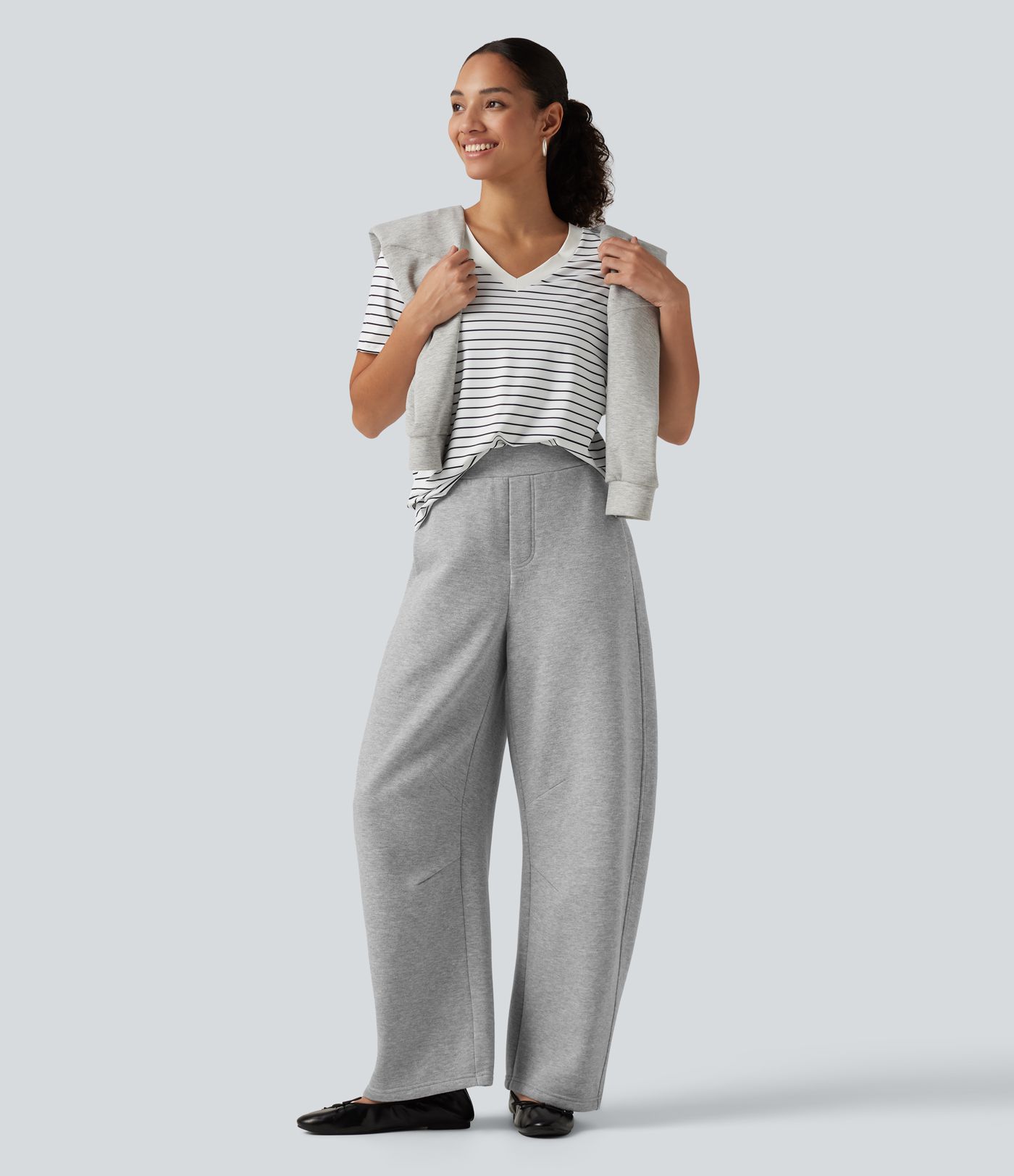 Mid Rise Barrel Leg Fleece Casual Cotton Sweatpants with Pockets