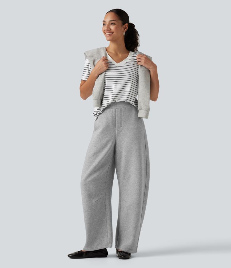 Mid Rise Barrel Leg Fleece Casual Cotton Sweatpants with Pockets