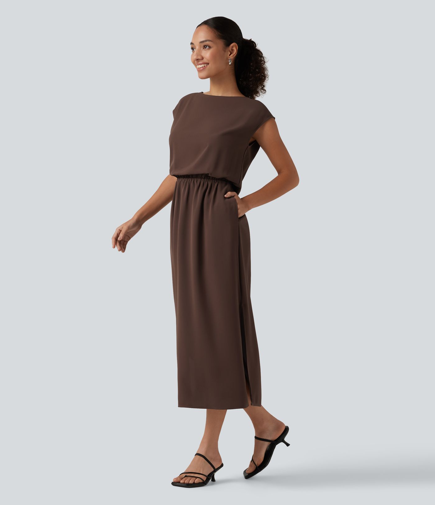 Boat Neck Cap Sleeve Midi Work Dress with Pockets