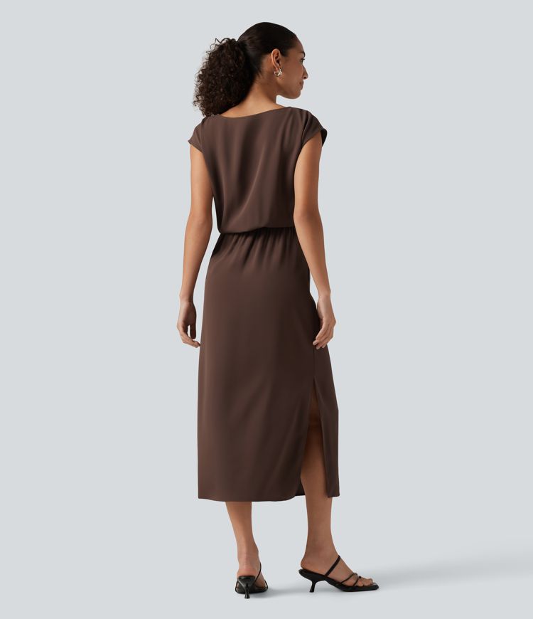 Boat Neck Cap Sleeve Midi Work Dress with Pockets