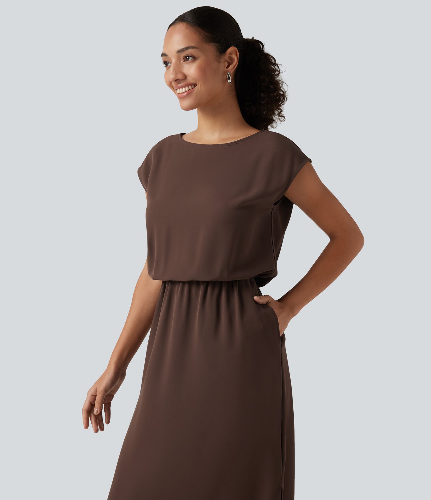 Boat Neck Cap Sleeve Midi Work Dress with Pockets