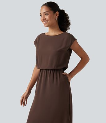 Boat Neck Cap Sleeve Midi Work Dress with Pockets