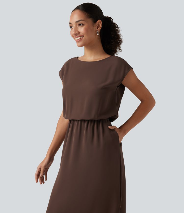 Boat Neck Cap Sleeve Midi Work Dress with Pockets