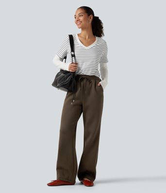 Mid Rise Drawstring Bootcut Fleece Casual Sweatpants with Pockets