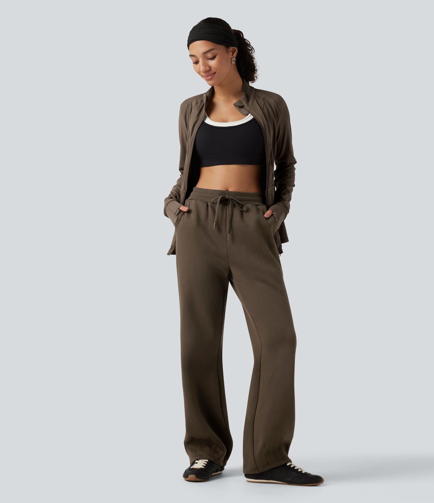 Mid Rise Drawstring Bootcut Fleece Casual Sweatpants with Pockets