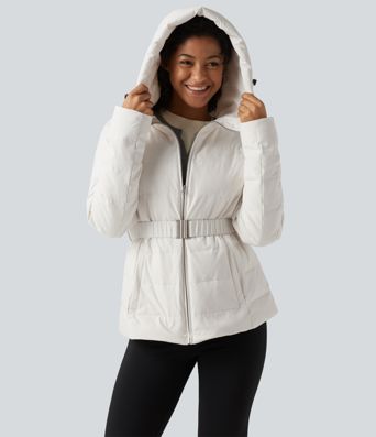 Hooded Long Sleeve Belted Work Down Jacket with Pockets Hooded Long Sleeve Belted Work Down Jacket with Pockets