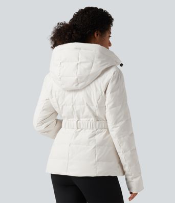 Hooded Long Sleeve Belted Work Down Jacket with Pockets Hooded Long Sleeve Belted Work Down Jacket with Pockets
