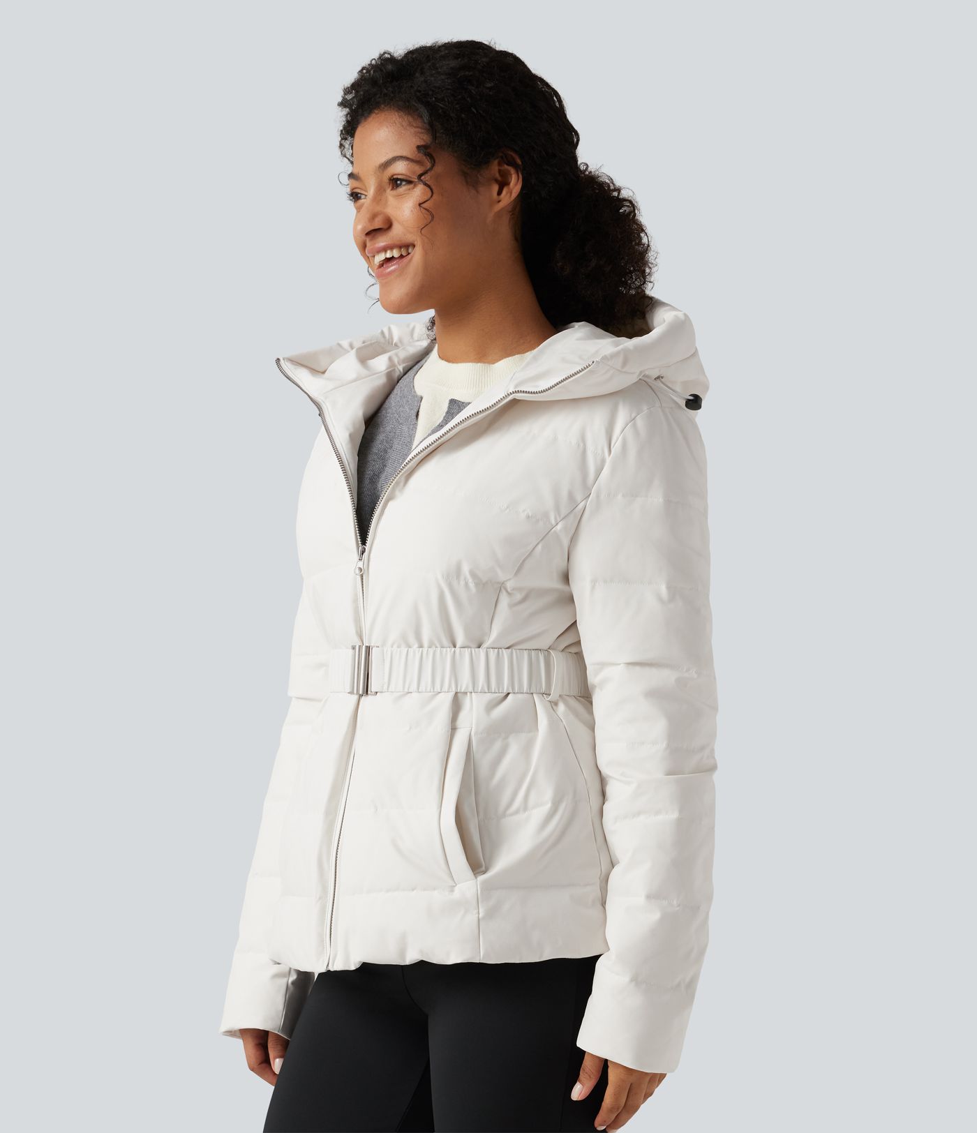 Hooded Long Sleeve Belted Work Down Jacket with Pockets Hooded Long Sleeve Belted Work Down Jacket with Pockets