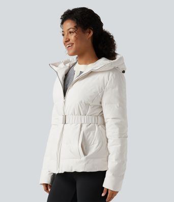 Hooded Long Sleeve Belted Work Down Jacket with Pockets Hooded Long Sleeve Belted Work Down Jacket with Pockets