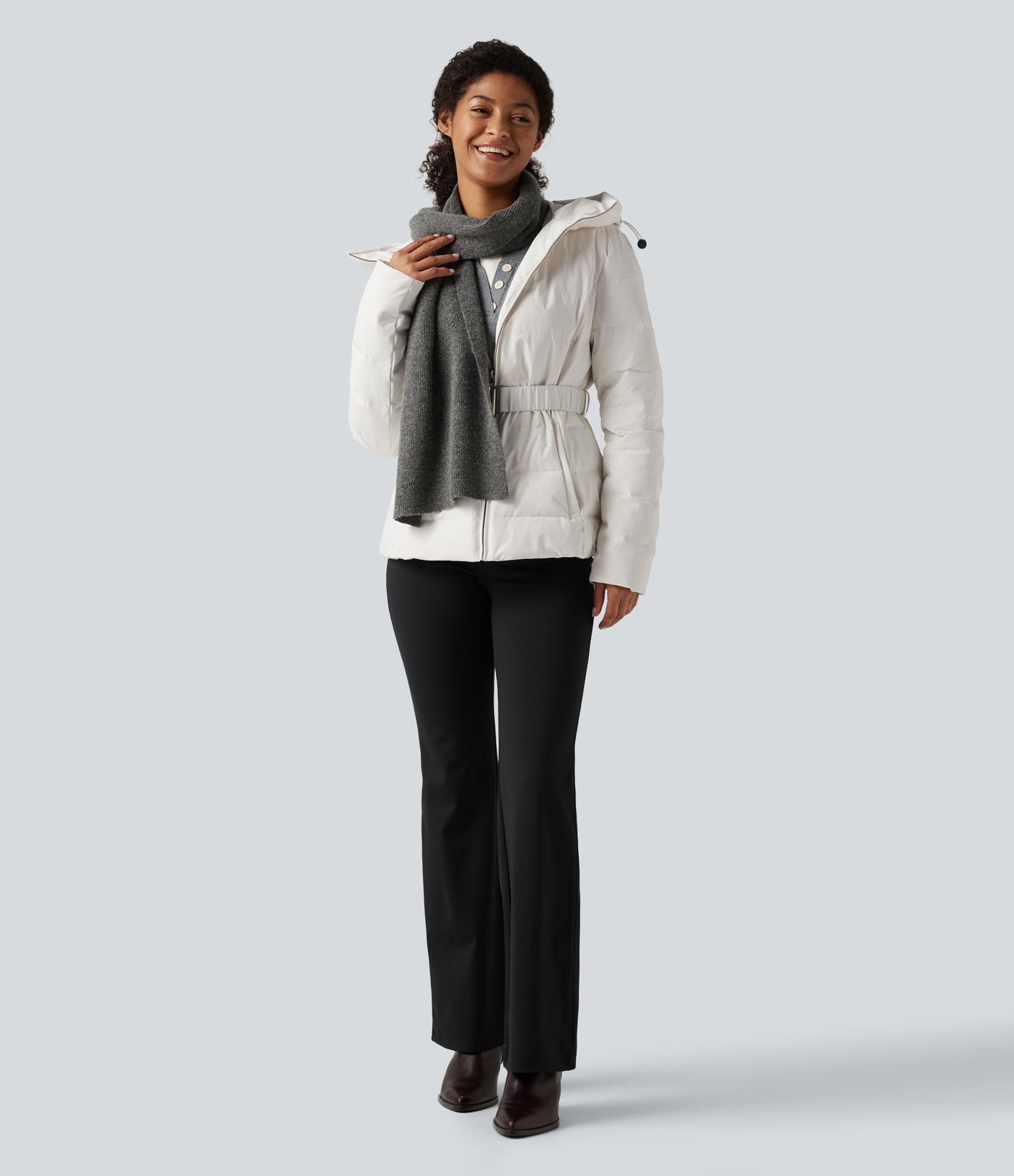 Hooded Long Sleeve Belted Work Down Jacket with Pockets Hooded Long Sleeve Belted Work Down Jacket with Pockets
