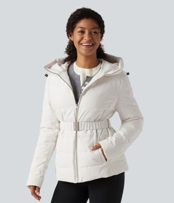 Hooded Long Sleeve Belted Work Down Jacket with Pockets Hooded Long Sleeve Belted Work Down Jacket with Pockets