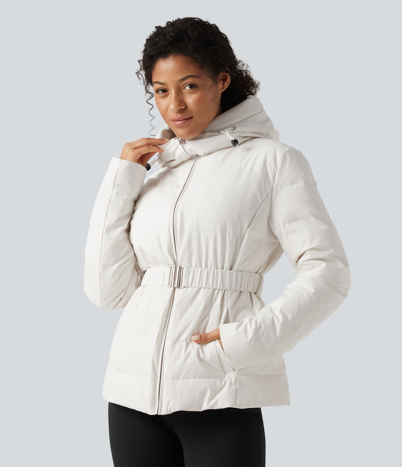 Hooded Long Sleeve Belted Work Down Jacket with Pockets Hooded Long Sleeve Belted Work Down Jacket with Pockets