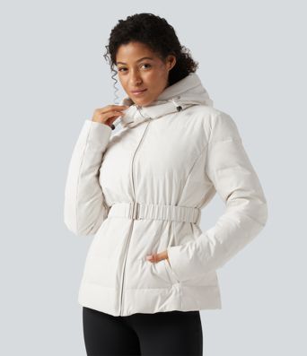 Hooded Long Sleeve Belted Work Down Jacket with Pockets Hooded Long Sleeve Belted Work Down Jacket with Pockets