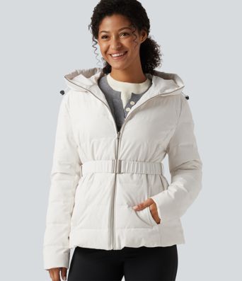 Hooded Long Sleeve Belted Work Down Jacket with Pockets Hooded Long Sleeve Belted Work Down Jacket with Pockets