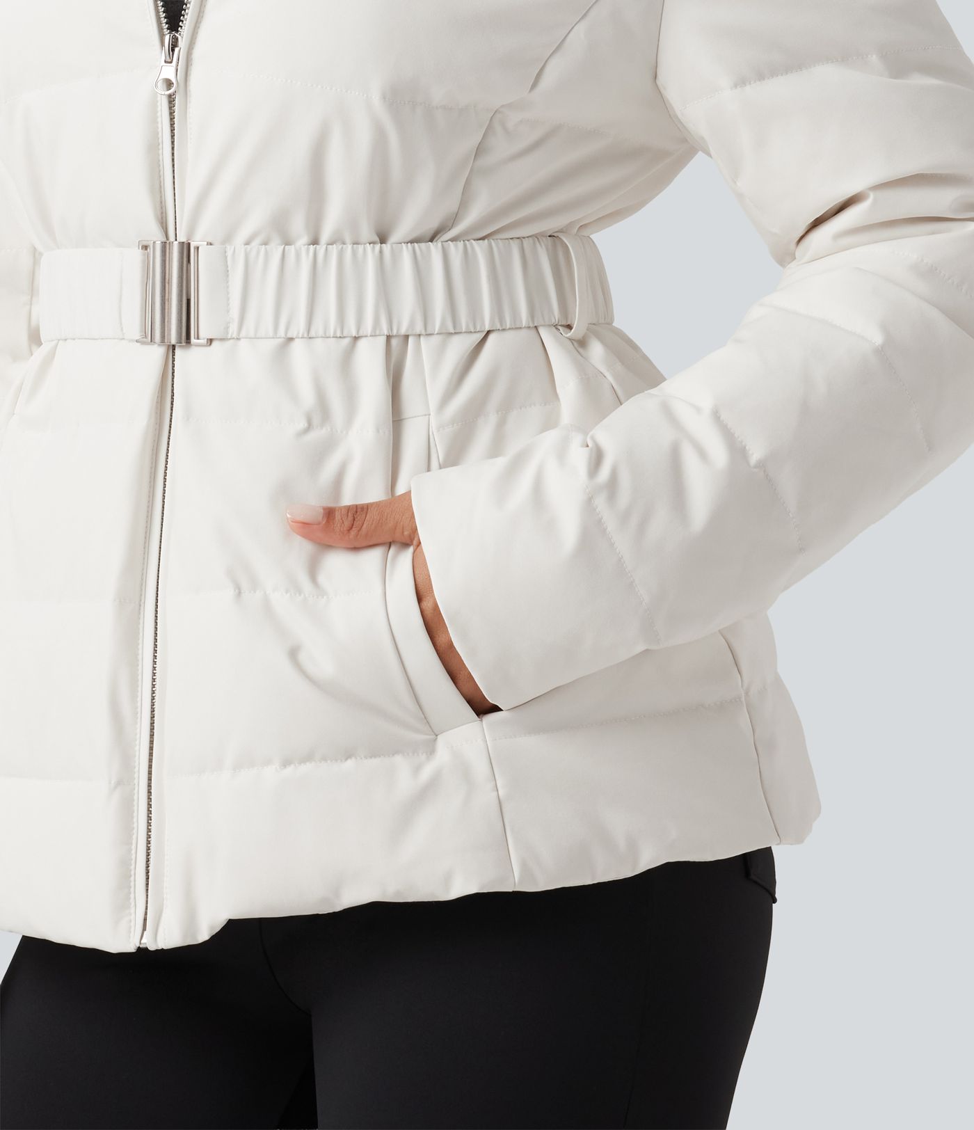 Hooded Long Sleeve Belted Work Down Jacket with Pockets Hooded Long Sleeve Belted Work Down Jacket with Pockets