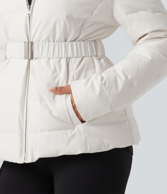 Hooded Long Sleeve Belted Work Down Jacket with Pockets Hooded Long Sleeve Belted Work Down Jacket with Pockets