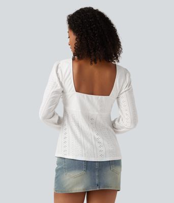 Sweetheart Neck Long Sleeve Lace Up Built-in Bra Eyelet Casual Top Sweetheart Neck Long Sleeve Lace Up Built-in Bra Eyelet Casual Top