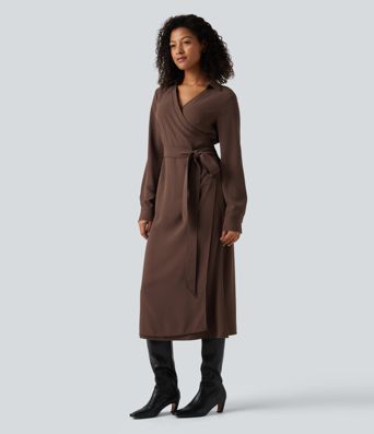 V Neck Long Sleeve Belted Wrapped Midi Work Shirt Dress V Neck Long Sleeve Belted Wrapped Midi Work Shirt Dress