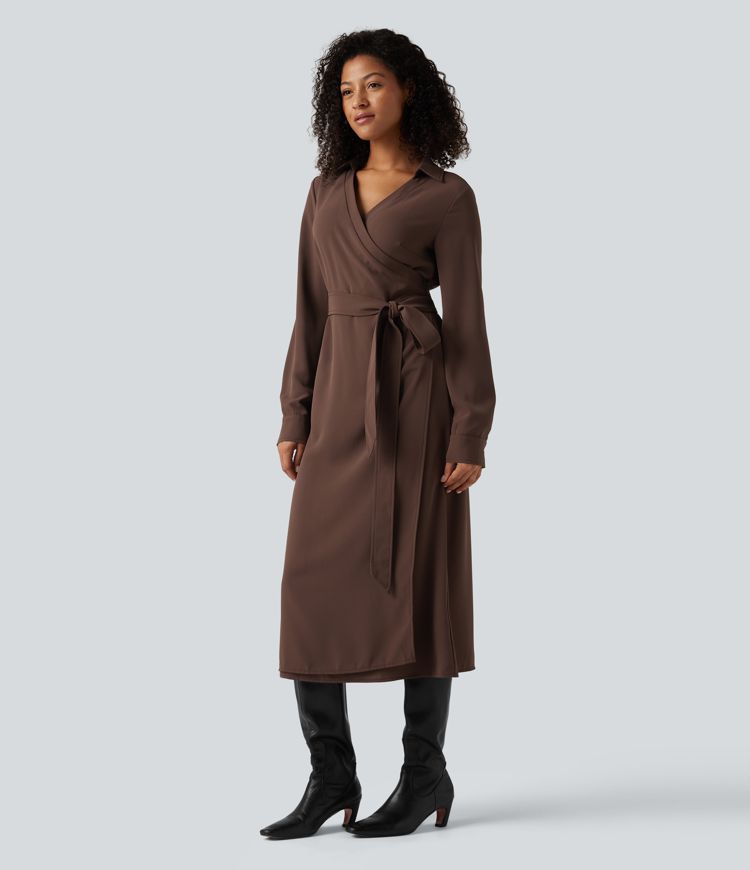 V Neck Long Sleeve Belted Wrapped Midi Work Shirt Dress V Neck Long Sleeve Belted Wrapped Midi Work Shirt Dress