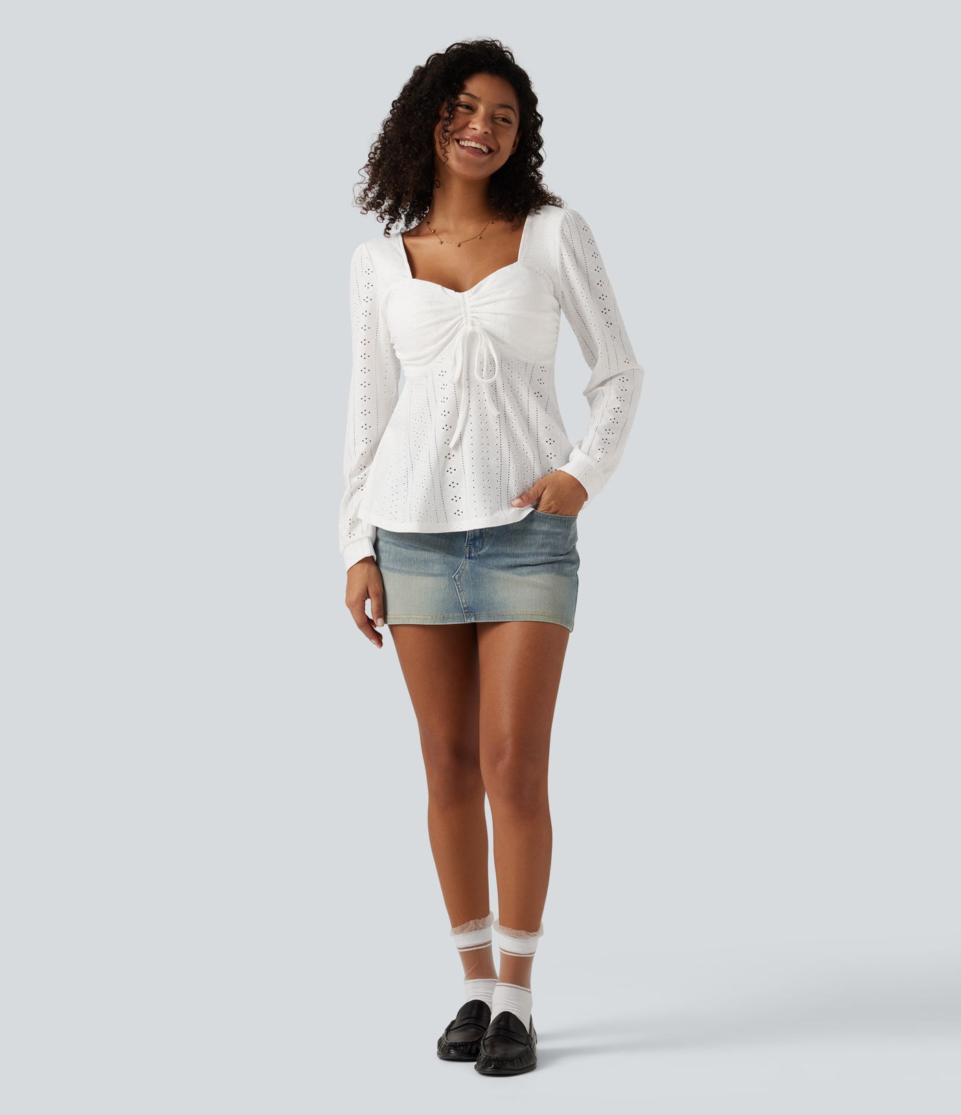 Sweetheart Neck Long Sleeve Lace Up Built-in Bra Eyelet Casual Top Sweetheart Neck Long Sleeve Lace Up Built-in Bra Eyelet Casual Top