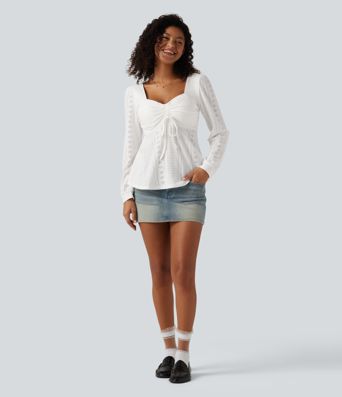 Sweetheart Neck Long Sleeve Lace Up Built-in Bra Eyelet Casual Top Sweetheart Neck Long Sleeve Lace Up Built-in Bra Eyelet Casual Top