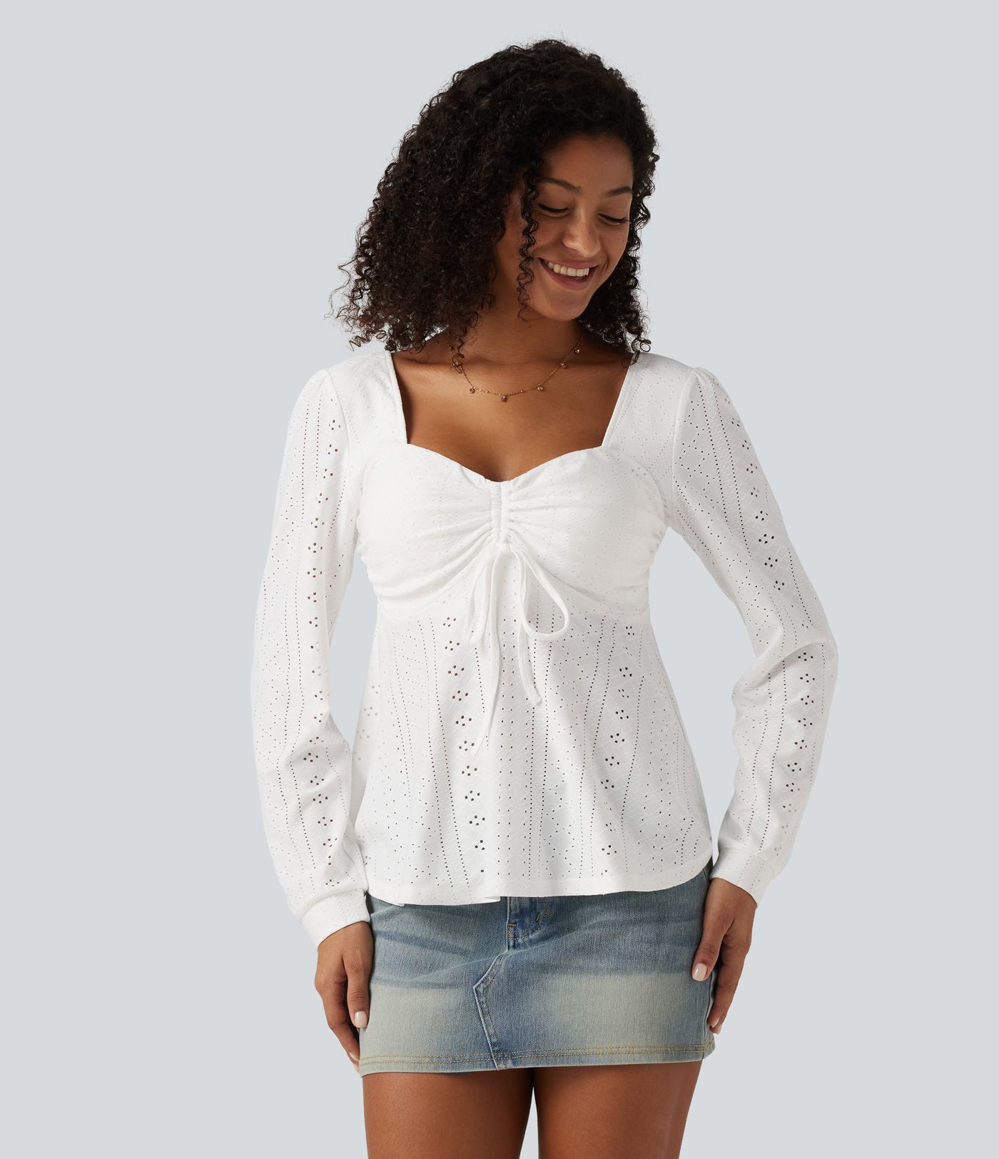 Sweetheart Neck Long Sleeve Lace Up Built-in Bra Eyelet Casual Top Sweetheart Neck Long Sleeve Lace Up Built-in Bra Eyelet Casual Top