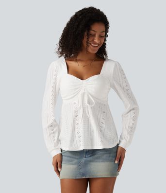Sweetheart Neck Long Sleeve Lace Up Built-in Bra Eyelet Casual Top Sweetheart Neck Long Sleeve Lace Up Built-in Bra Eyelet Casual Top