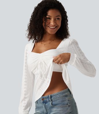 Sweetheart Neck Long Sleeve Lace Up Built-in Bra Eyelet Casual Top Sweetheart Neck Long Sleeve Lace Up Built-in Bra Eyelet Casual Top
