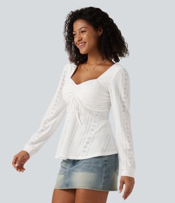 Sweetheart Neck Long Sleeve Lace Up Built-in Bra Eyelet Casual Top Sweetheart Neck Long Sleeve Lace Up Built-in Bra Eyelet Casual Top