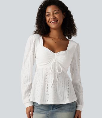 Sweetheart Neck Long Sleeve Lace Up Built-in Bra Eyelet Casual Top Sweetheart Neck Long Sleeve Lace Up Built-in Bra Eyelet Casual Top