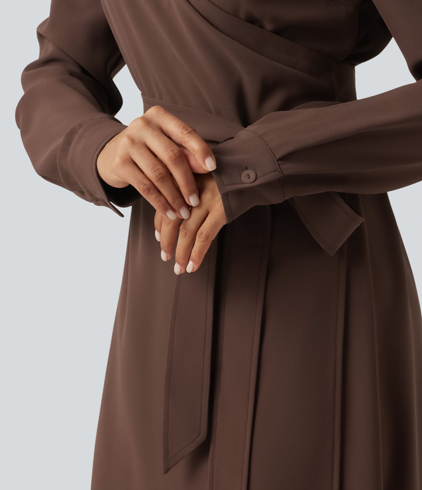 V Neck Long Sleeve Belted Wrapped Midi Work Shirt Dress V Neck Long Sleeve Belted Wrapped Midi Work Shirt Dress