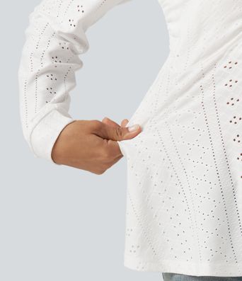 Sweetheart Neck Long Sleeve Lace Up Built-in Bra Eyelet Casual Top Sweetheart Neck Long Sleeve Lace Up Built-in Bra Eyelet Casual Top