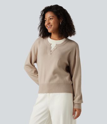 Round Neck Dropped Long Sleeve Color Block Work Sweater