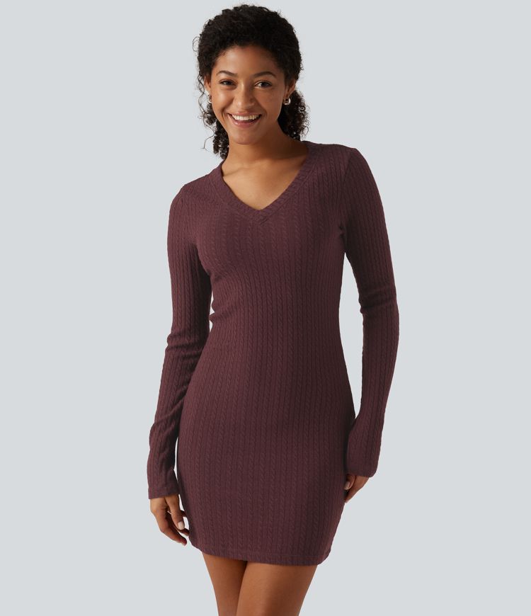 V Neck Long Sleeve Bodycon Mini Casual Dress