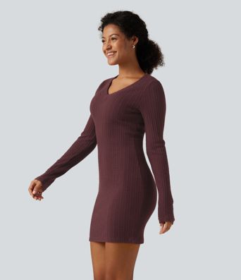 V Neck Long Sleeve Bodycon Mini Casual Dress