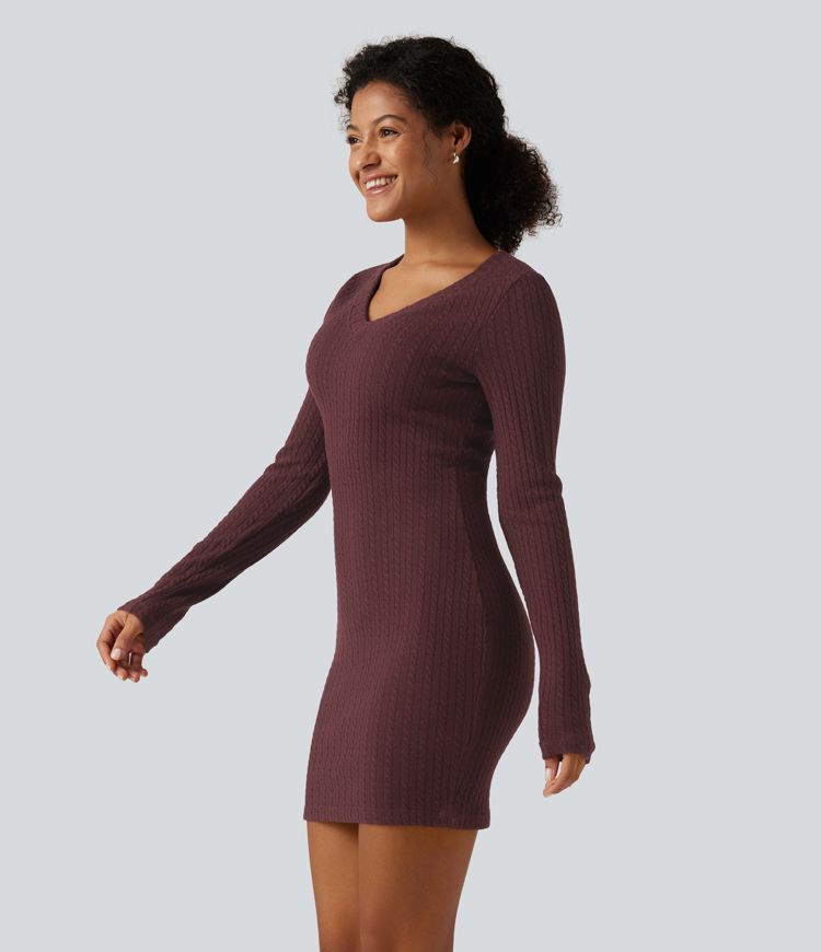 V Neck Long Sleeve Bodycon Mini Casual Dress